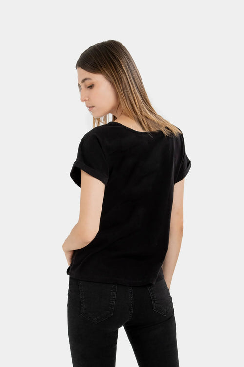 Camiseta manga corta para mujer bolsillo cuero