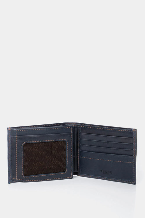 BILLETERA HUMANISTA DE CUERO PARA HOMBRE COSTURAS CONTRASTE AZUL OSCURO