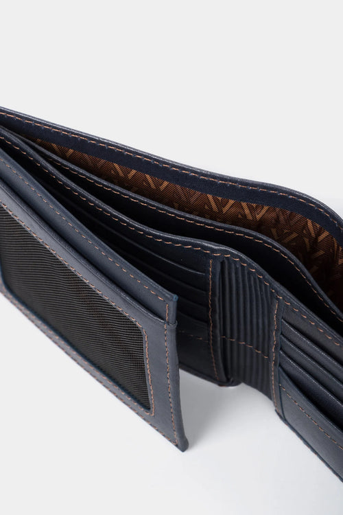 BILLETERA HUMANISTA DE CUERO PARA HOMBRE COSTURAS CONTRASTE AZUL OSCURO