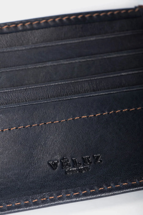 BILLETERA HUMANISTA DE CUERO PARA HOMBRE COSTURAS CONTRASTE AZUL OSCURO