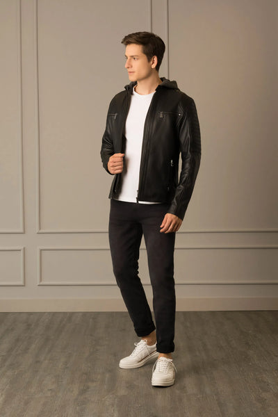 CHAQUETA BELMONT DE CUERO PARA HOMBRE CAPUCHA Y PECHERA