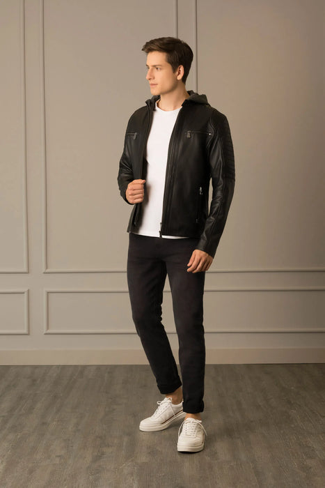 CHAQUETA BELMONT DE CUERO PARA HOMBRE CAPUCHA Y PECHERA —