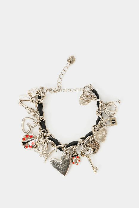 PULSERA AMOR DE CUERO PARA MUJER CADENA Y DIJES METÁLICOS