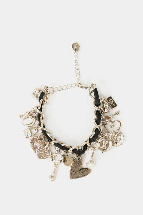 PULSERA AMOR DE CUERO PARA MUJER CADENA Y DIJES METÁLICOS