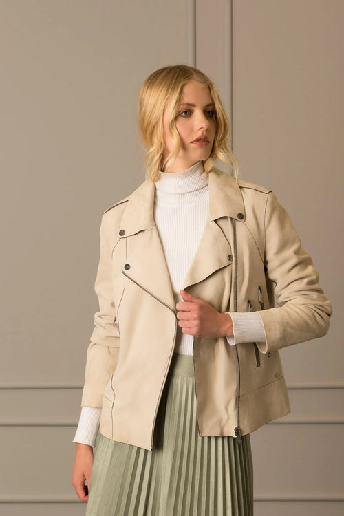 CHAQUETA BIKER EN GAMUZA OVINA PARA MUJER MORA