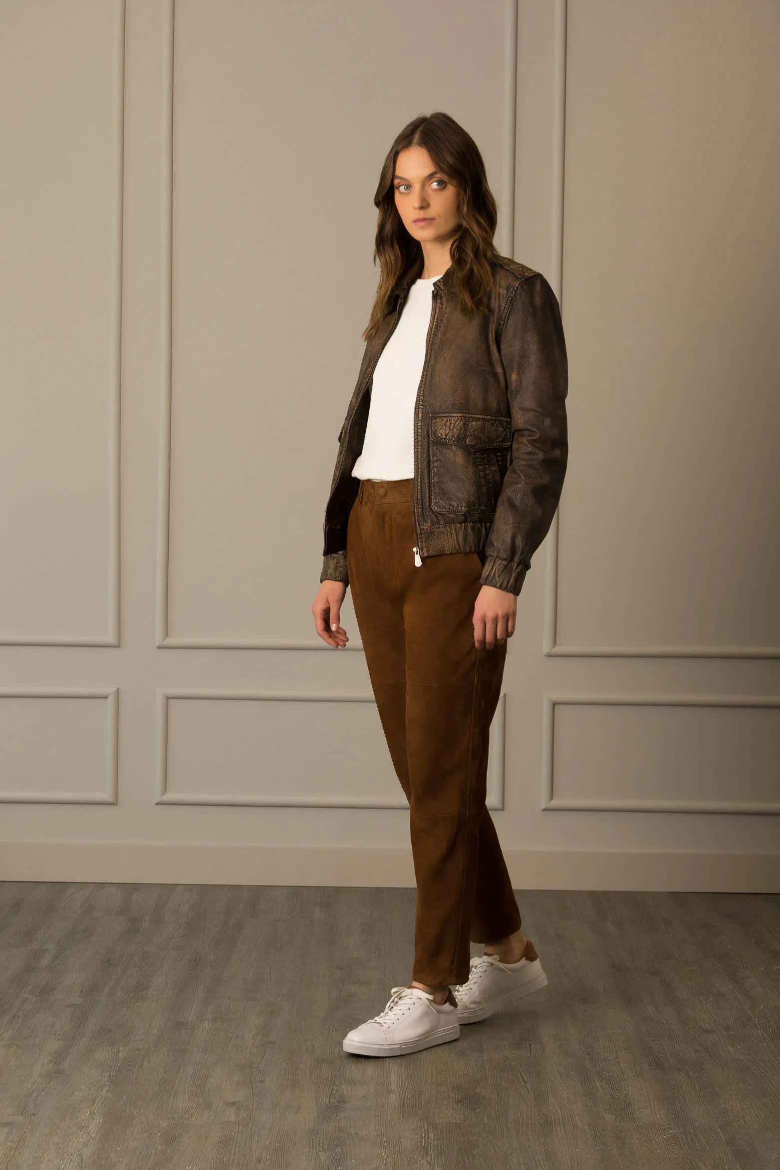 Chaqueta bomber en cuero unisexo vintage - cafe