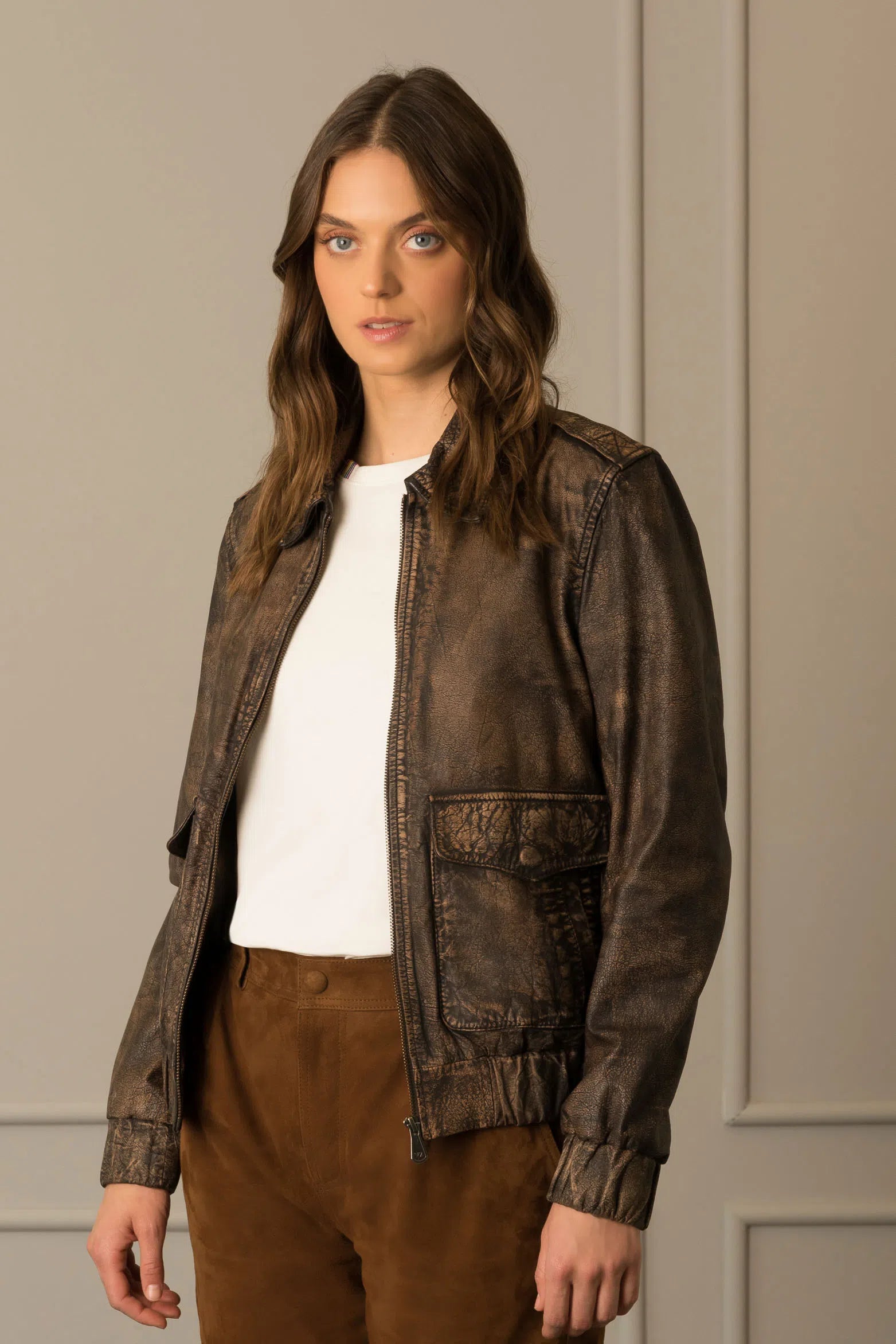 Chaqueta bomber en cuero unisexo vintage - cafe
