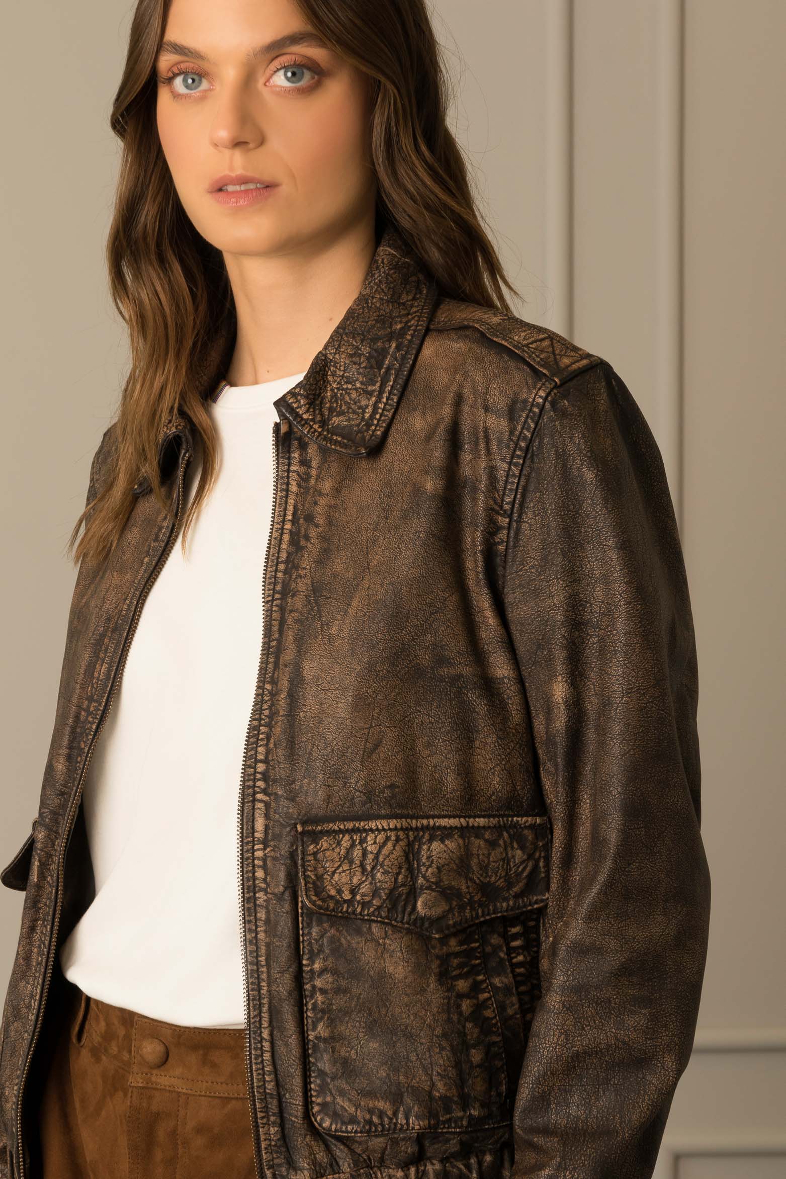 Chaqueta bomber en cuero unisexo vintage - cafe