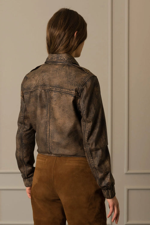 Chaqueta bomber en cuero unisexo vintage - cafe