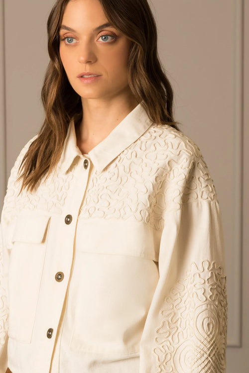 CHAQUETA AGUAMARINA DE TELA PARA MUJER BORDADOS EN GAMUZA