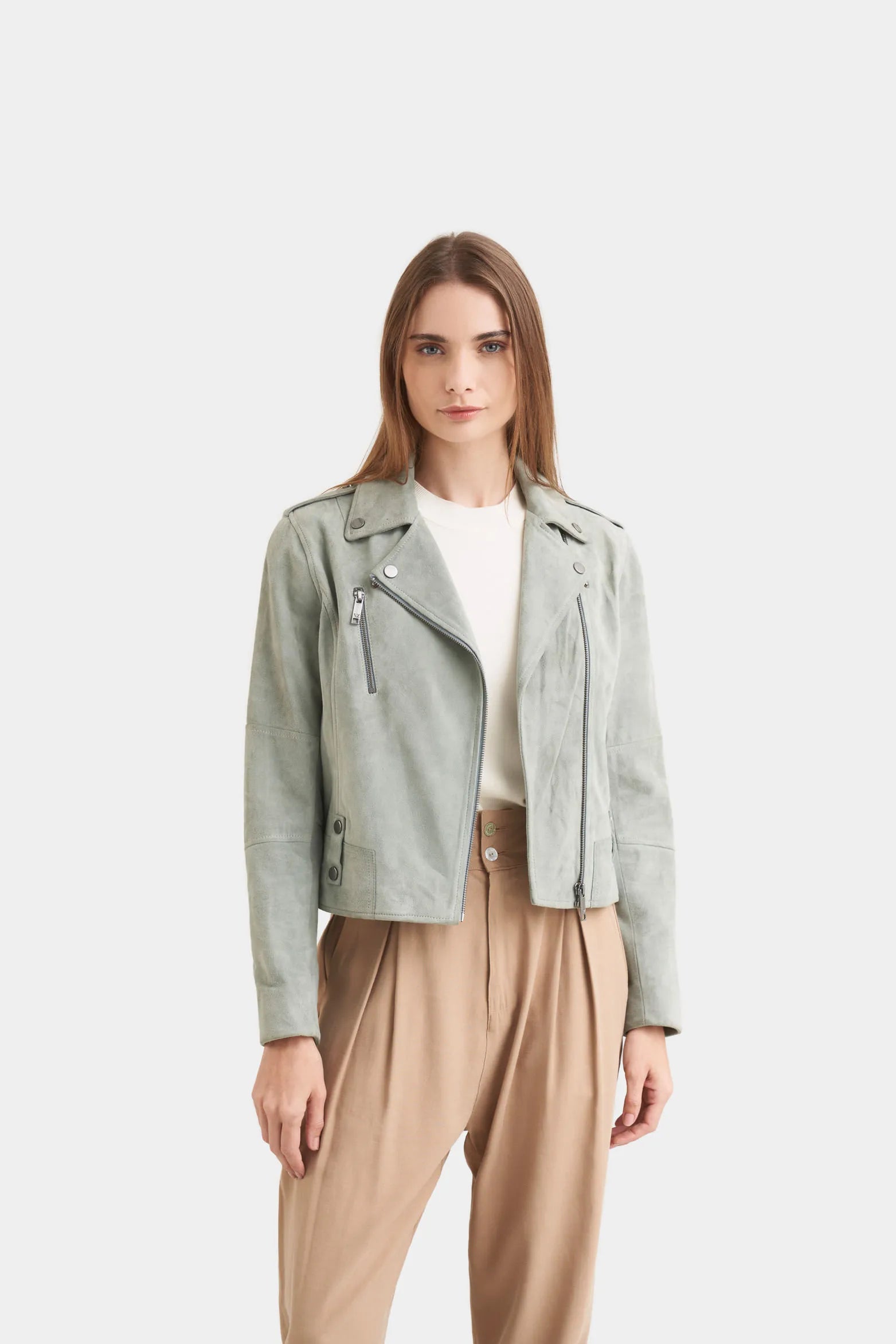 CHAQUETA BIKER EN CUERO GAMUZA PARA MUJER FIT AJUSTADO