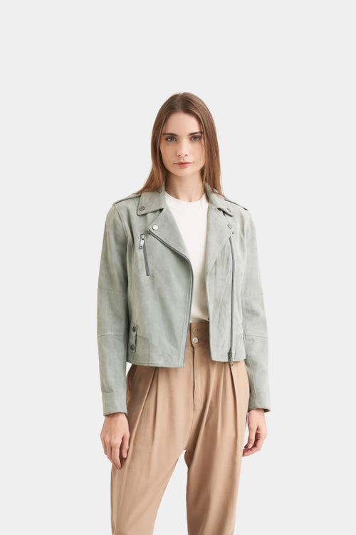 CHAQUETA BIKER EN CUERO GAMUZA PARA MUJER FIT AJUSTADO