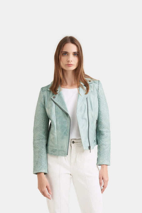 CHAQUETA BIKER SETA DE CUERO PARA MUJER TEJIDO EN MANGAS