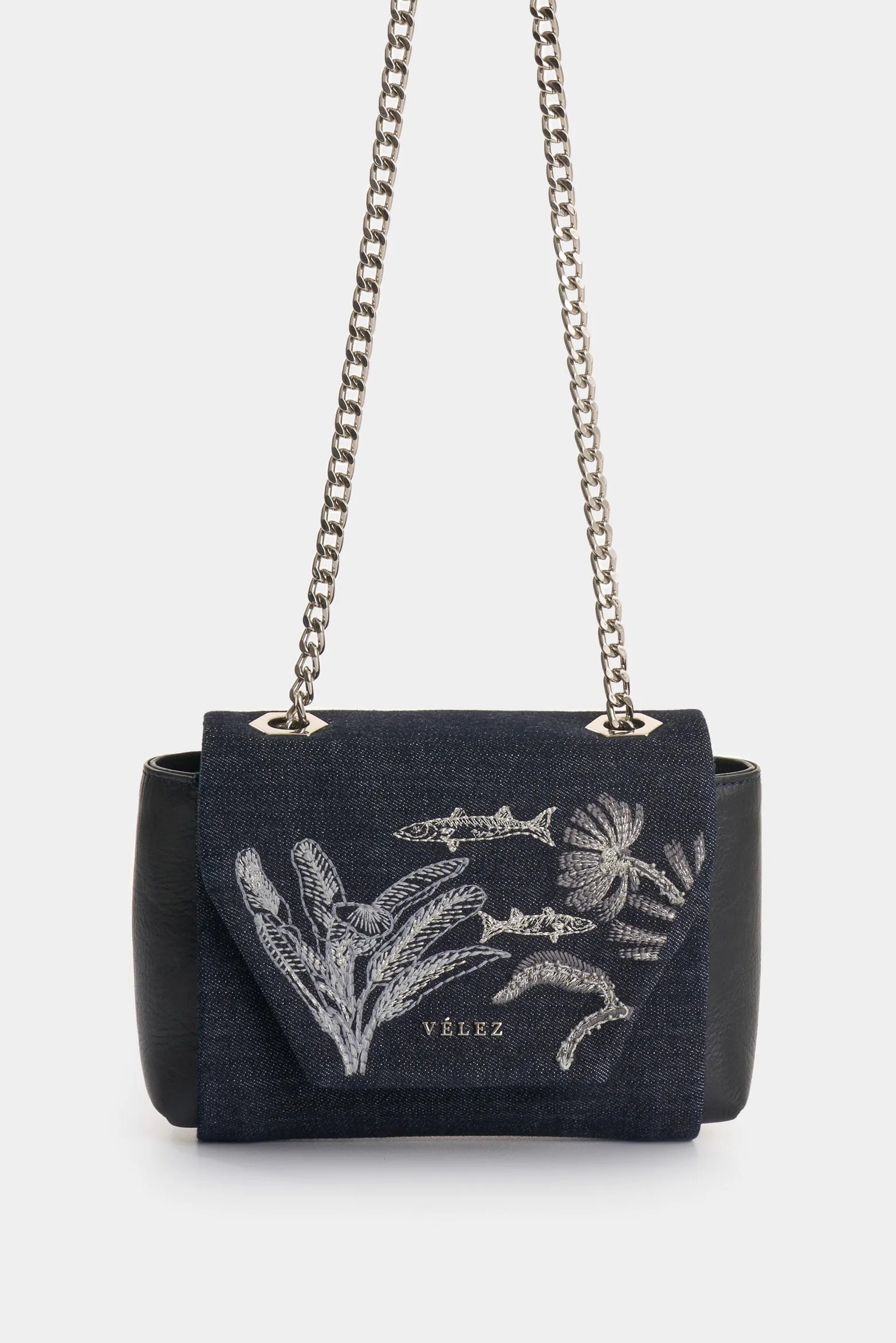 MANOS LIBRES MINI LILI EN DENIM Y CUERO PARA MUJER BORDADO