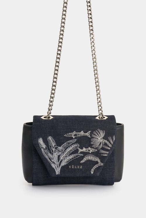 MANOS LIBRES MINI LILI EN DENIM Y CUERO PARA MUJER BORDADO