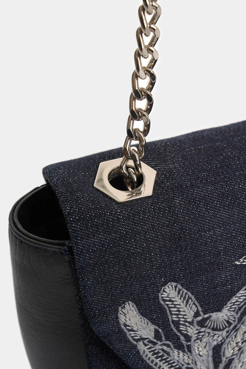 MANOS LIBRES MINI LILI EN DENIM Y CUERO PARA MUJER BORDADO