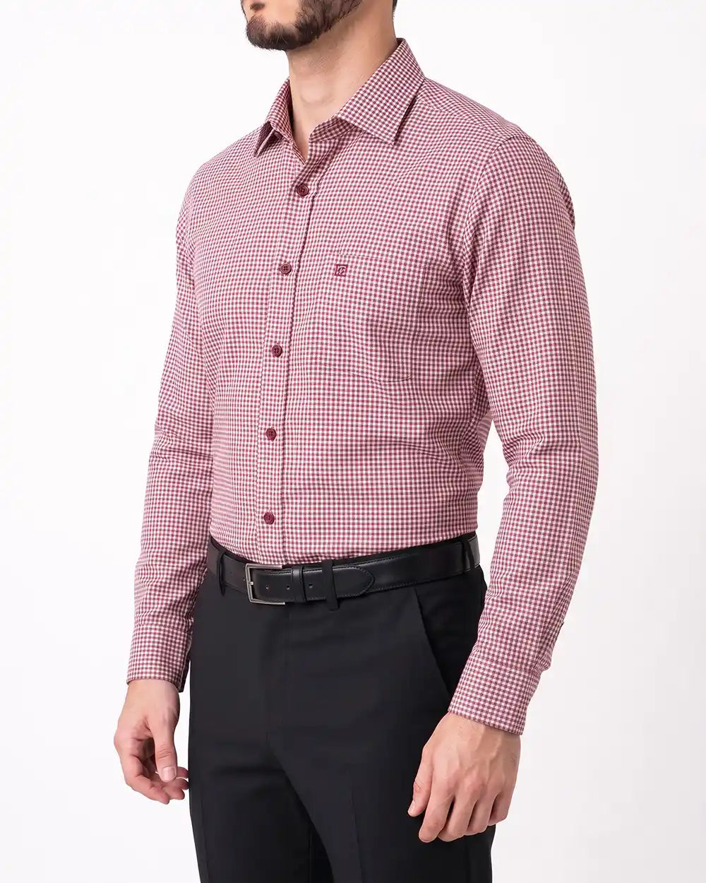 PK-0001201 Camisa de vestir slim fit minicheck bambú stretch vino