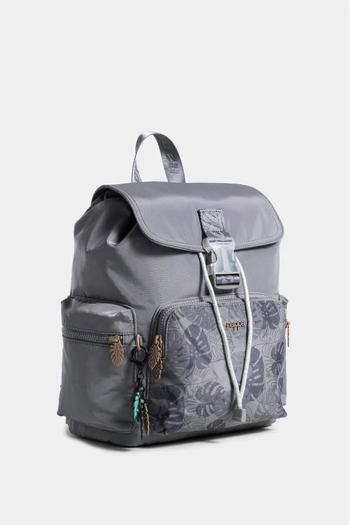 BOLSO TIPO TULA MORRAL PARA MUJER EN TEXTIL ESTAMPADO CON TAPA Y BOLSILLO FRONTAL