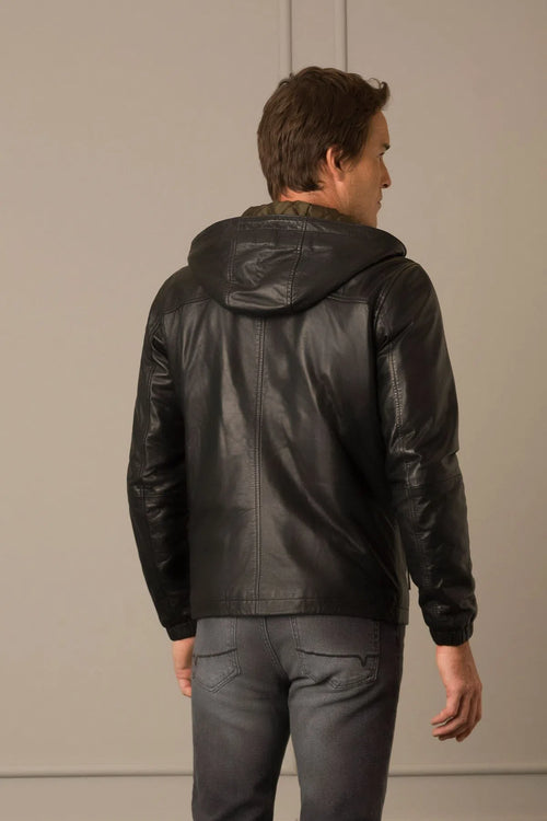 CHAQUETA SPORTY HUMANISTA DE CUERO PARA HOMBRE CAPUCHA FIJA