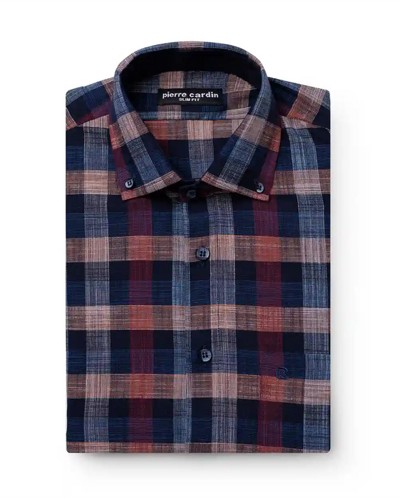 Camisa cuadros slim fit manga larga anaranjado