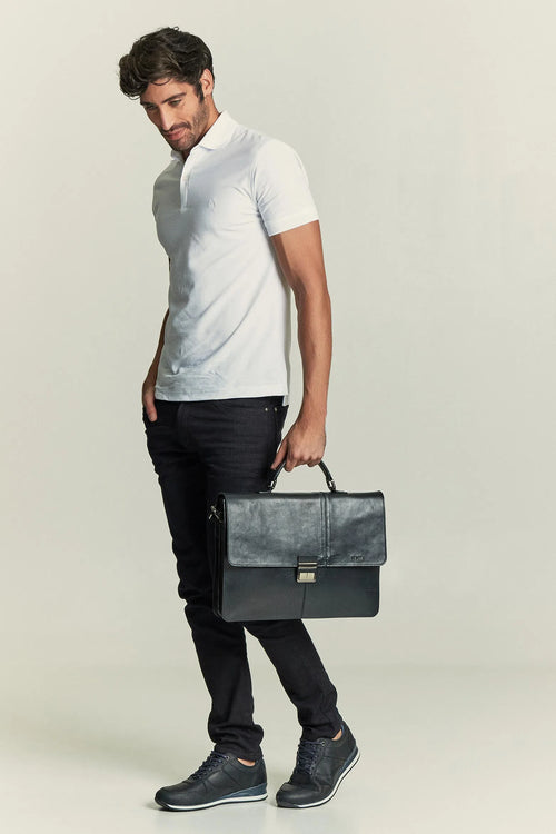 Maletin portatil aperto de cuero para hombre negro