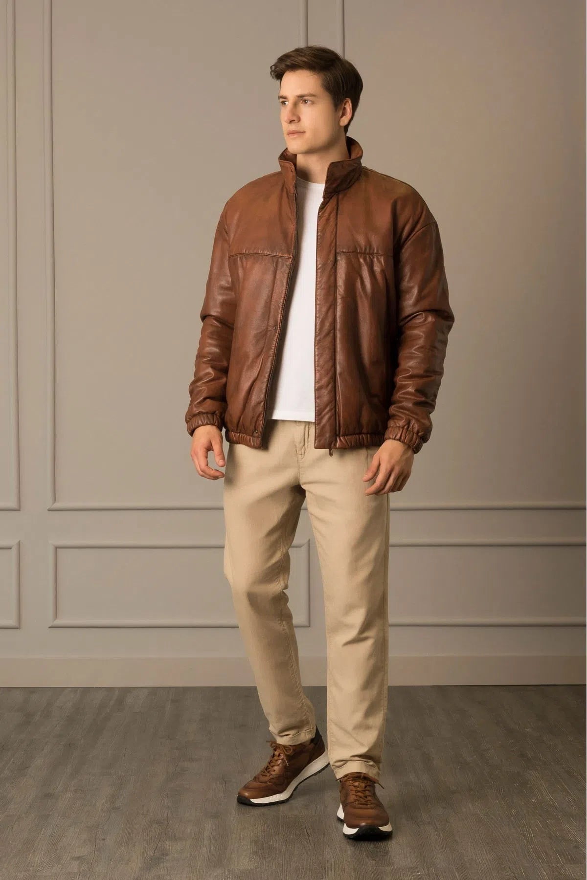 CHUMPAS CUERO BOMBER CALAFATE PARA HOMBRE ABULLONADA